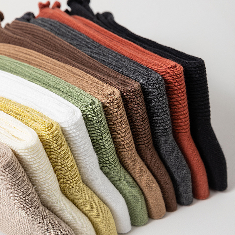 Damen Crew Socken Mit Wellensaum Für Herbst Und Winter Einfarbig_voghion.com