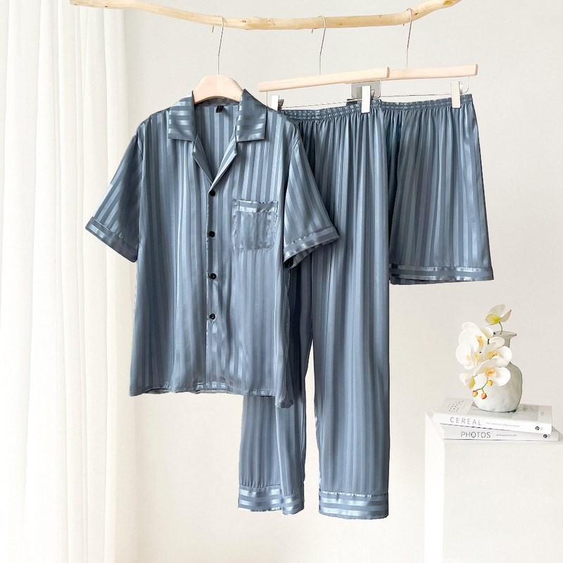 Pajamas Men's Summer Ice Silk Short-sleeved Three-piece Home Clothes Summer Thin Summer Silk suit 2024 New Arrival