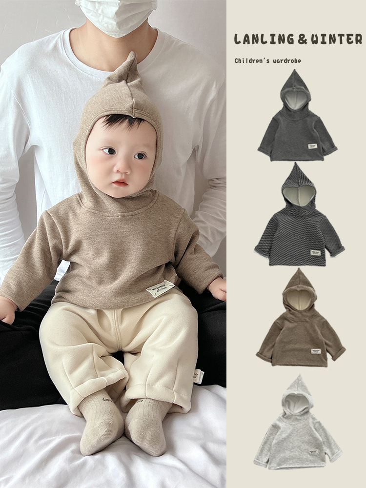 Baby invierno sombrero elfo y camiseta de camisa de manga larga coreana ropa de bebé extranjera para niños calentados suéter universal