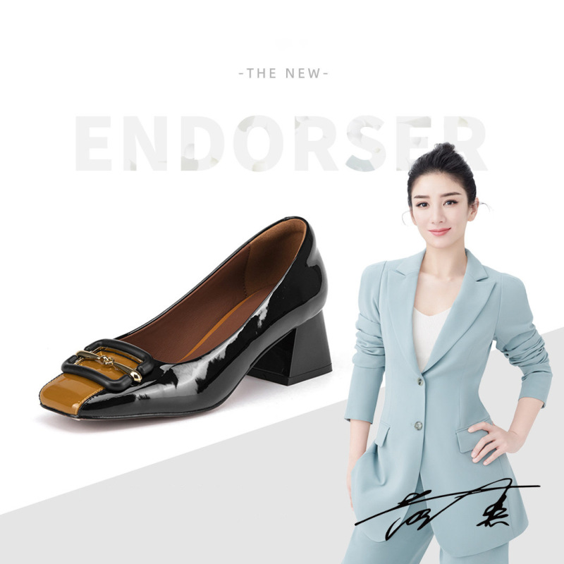 Pa Light Luxury 4cm New French Style Fashion Metal Buckle Chunky Heel Square Toe High Heels