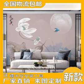 新中式墙纸客厅电视背景墙壁纸手绘荷花禅意壁画莫兰迪色卧室墙布