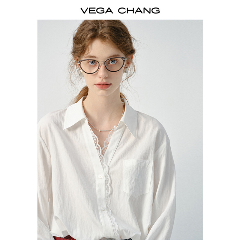 VEGA CHANG白色衬衫女长袖2025年秋装新款欧若风蕾丝薄款宽松上衣|undefined