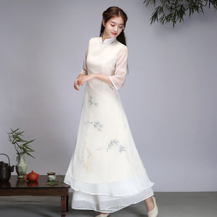 Chinese style dress improved cheongsam artistic retro meditation Zen dance clothes Zen tea clothes ear picking teacher fairy Hanfu