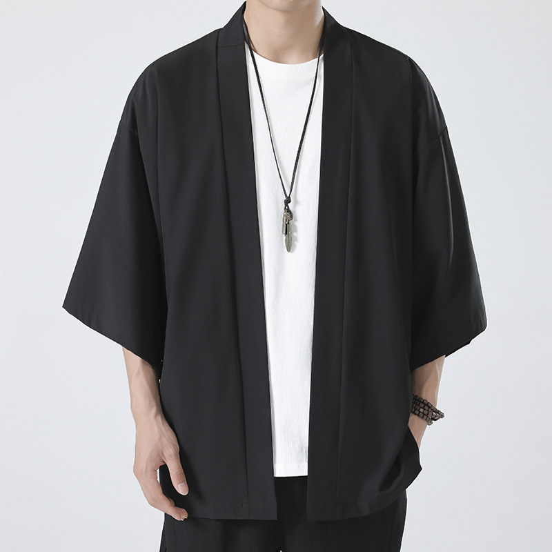 2024 Summer Men's Ice Silk Solid Color Cardigan Casual Loose Chinese Style Three-Quarter Sleeve Shirt Sun Protection Plus Size National Trend