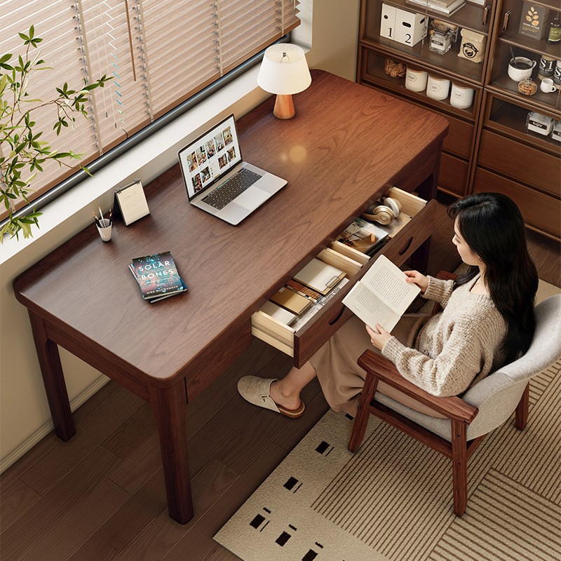 Chinese-Style Desk Made of Solid Wood, Computer Desk for Study, Student Study Desk, Bedroom Bedside Coffee Table with Double Drawers