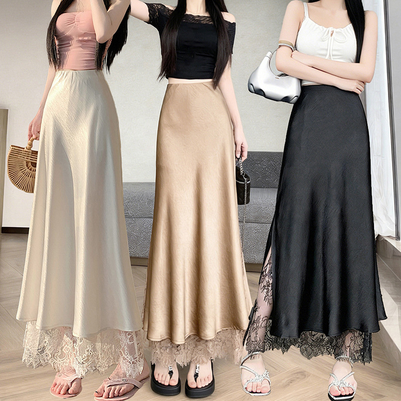2026 New Style French Silk Satin Acetate Skirt for Women, Summer Beautiful Lace Trim Hip-Hugging Fishtail Long Skirt