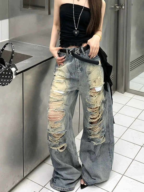 アメリカンホットガールレトロハイストリートリップドジーンズルーズストレートパンツレディース夏ワイドレッグパンツスリムフロアレングスパンツ|undefined