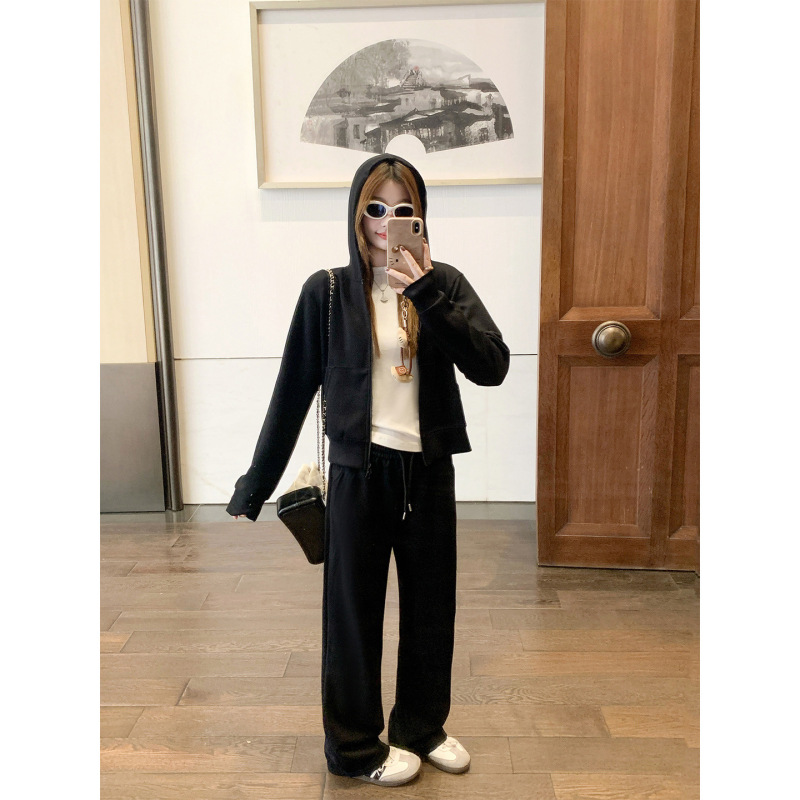 白色运动套装女2025秋季减龄正肩拉链卫衣休闲高腰宽松窄版阔腿裤|undefined