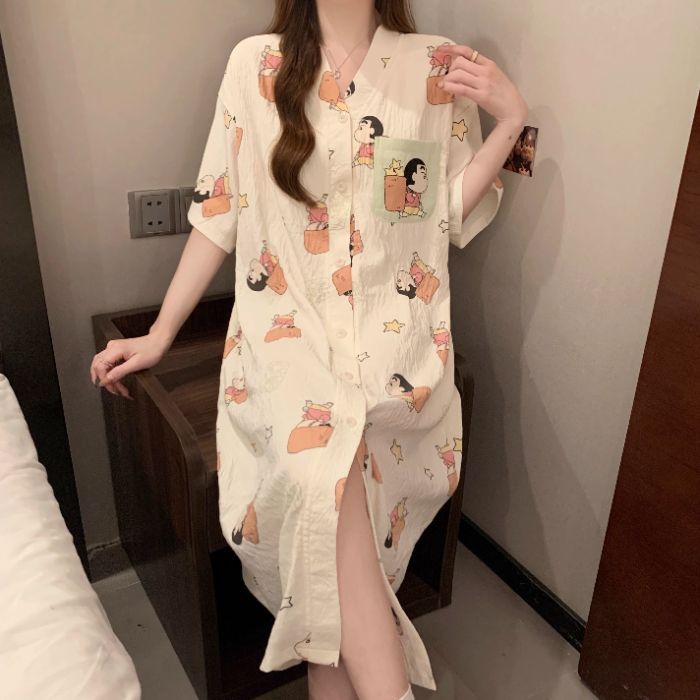 Camisón de manga corta al por mayor transfronterizo pijama de verano para mujer, falda larga, cárdigan, suelto, ropa de casa de dibujos animados, algodón de nube