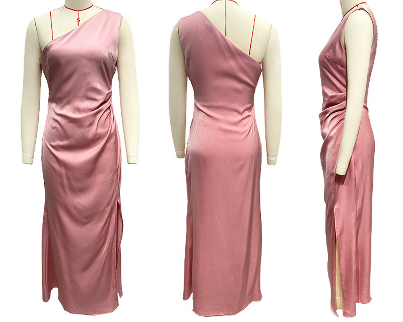 Women's Clothing Elegant Satin Dress All Season Slim Fit One Shoulder Sexy Slit For Women For Formal & Casual_ecoleips.com
