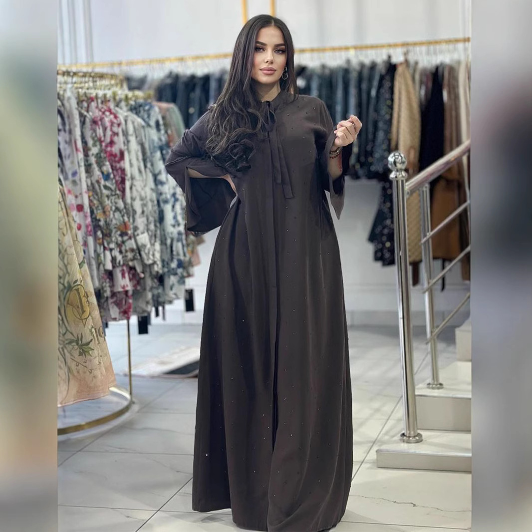 In-stock Middle Eastern Cross-border New Product Dress, Style With Ties, Round Neck, Long Sleeves, Elegant Shiny_ecoleips.com