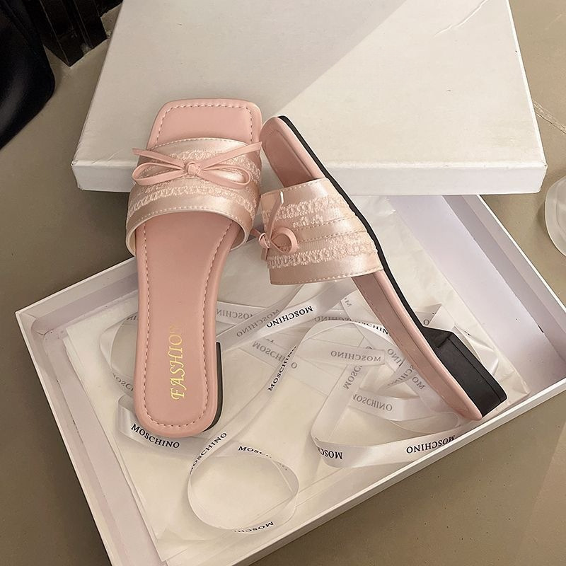Fairy Bow Square-Toed Sandals 2026 New Thick-Heeled Women's Slippers to Pair with Dresses for Outdoor Wear