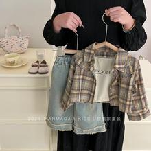 韩国童装24年春季新款女宝儿童格子衬衫吊带牛仔裤洋气三件套