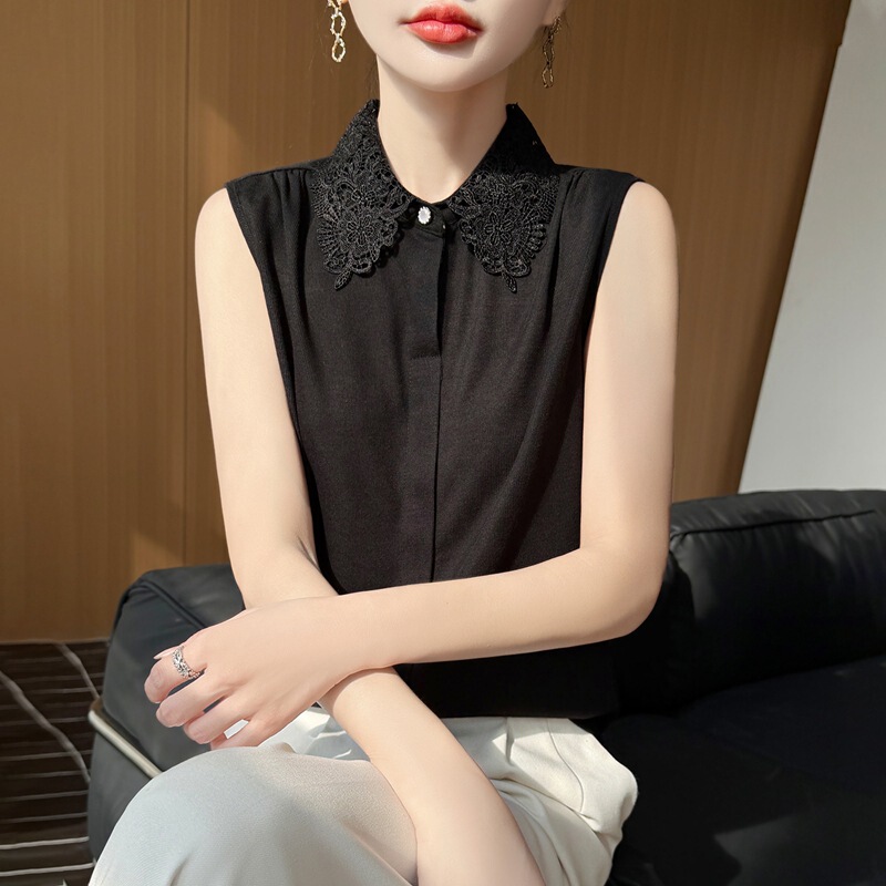 Lace Patchwork Lapel Sleeveless Shirt for Women, Summer Thin Satin Drape Vest, Wrinkle-Resistant Fashionable Inner Layer Top