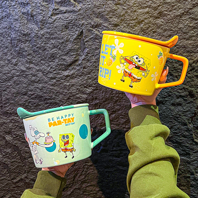 Bob Esponja Pai Daxing Cartoon Cerámica Tazón de fideos instantáneos Desayuno con tapa Tazón de arroz Set Pareja Regalo de cumpleaños Chicas
