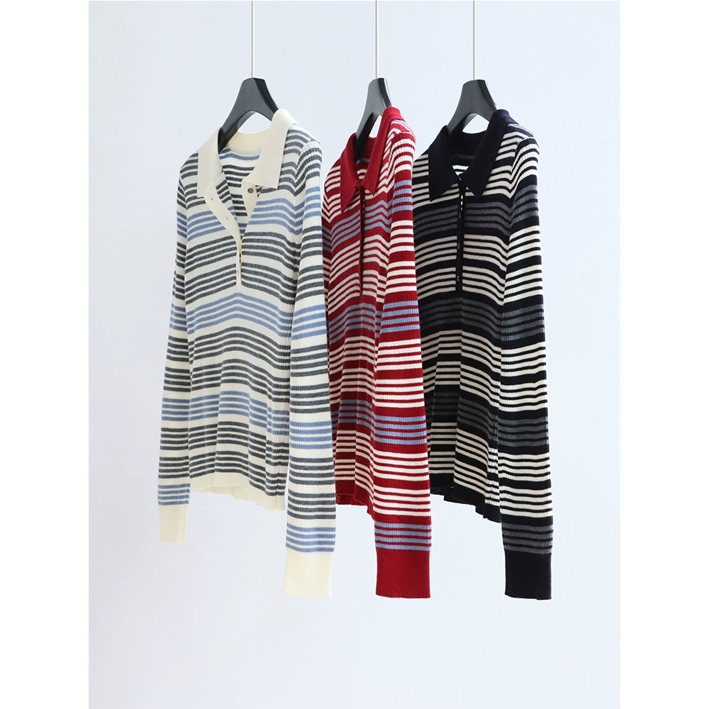 Рабочая одежда в контрастную полоску, трикотаж с воротником-поло и длинными рукавами, тонкий топ в стиле ретро с лацканами, универсальная осень и зима