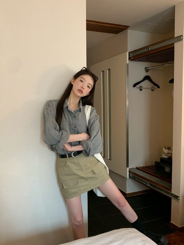韩系复古风高级感衬衫衬衣女秋季2025新款水洗灰色松弛感牛仔上衣|undefined