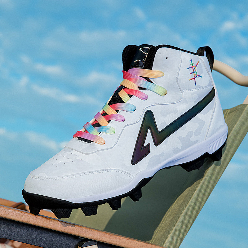 High-top cleat baseball shoes for men, women, and teenagers, professional training shoes, wear-resistant, non-slip, with rainbow shoelaces