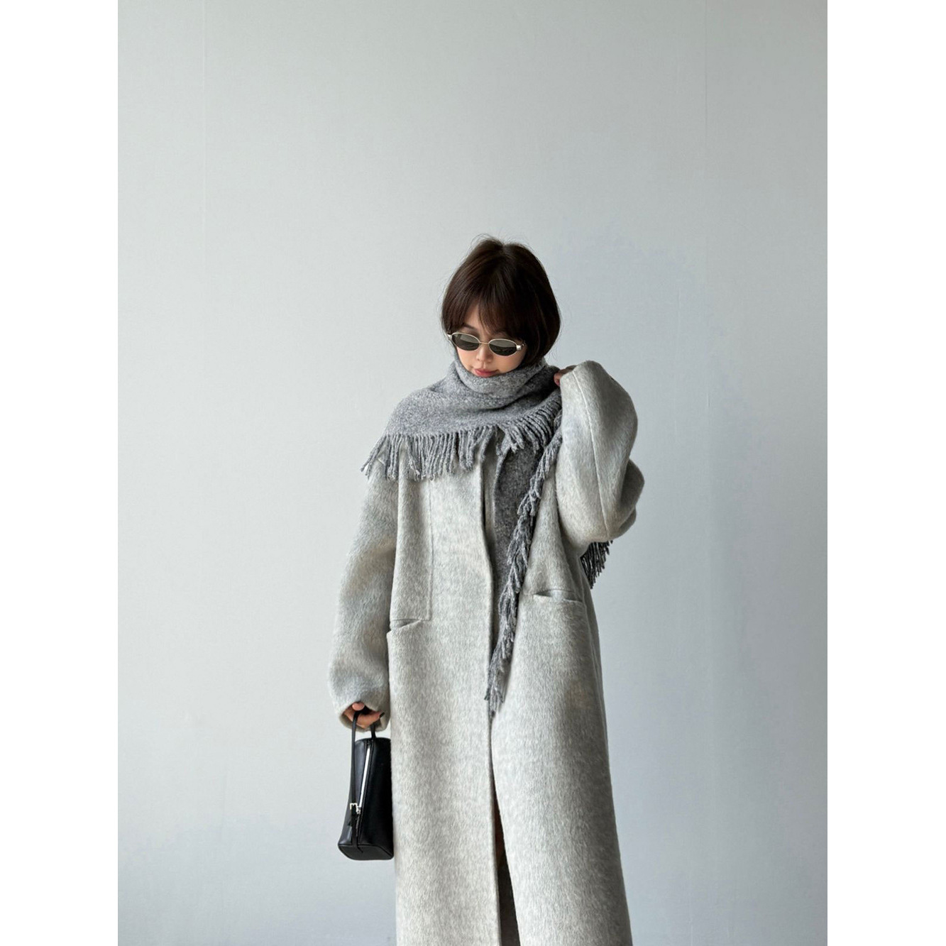 【王琪芝】绵羊毛韩系气质双面呢大衣女配围巾保暖厚长外套WQ086