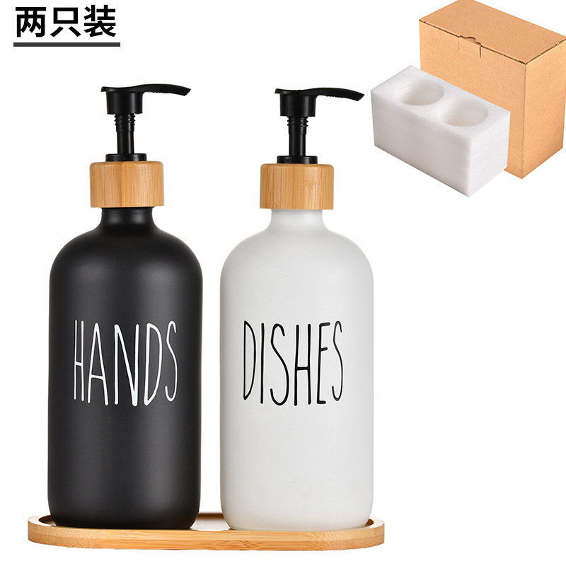 Botella de vidrio tipo Boston blanco/negro con bomba de bambú, para gel de baño o jabón de manos, recargable, venta en Amazon transfronterizo