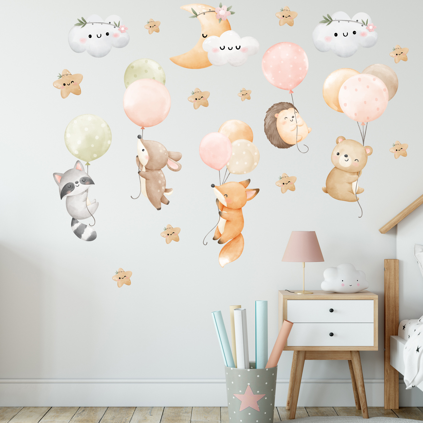 Cross-border Cute Cartoon Animal Balloon Moon Star Wall Stickers Children's Room Kindergarten Decorative Wall Stickers Self-adhesive