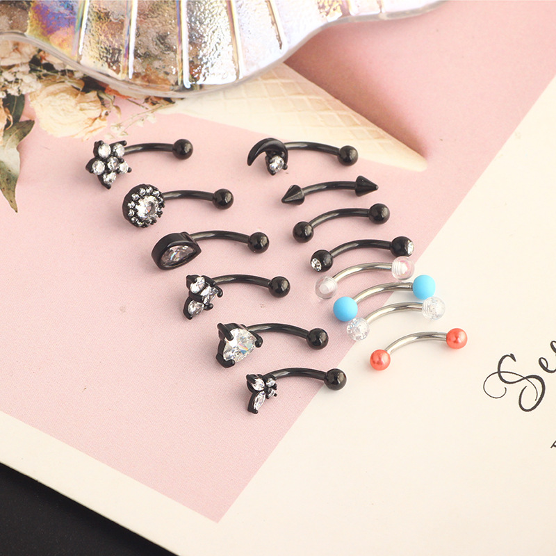 Heart-Shaped CZ Eyebrow Ring Stainless Steel Universal Eyebrow Piercing Jewelry Black 18K Gold Plated detail image 9