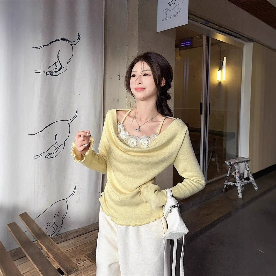 Трансграничный чистый ветер поддельные два трехмерных цветка с длинными рукавами футболка женская стройная одежда