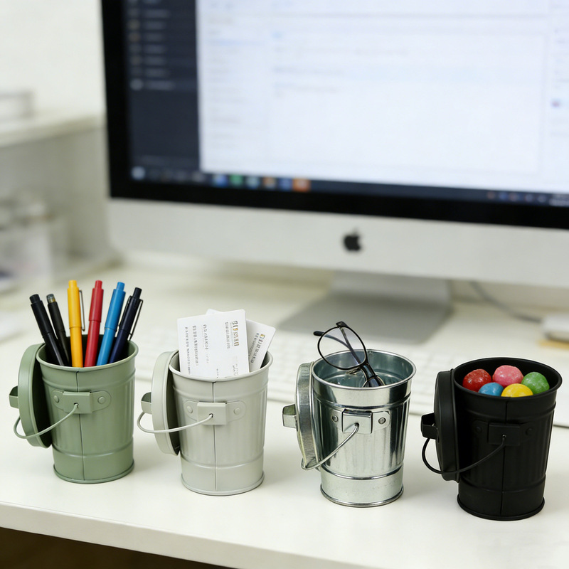 Cross-Border Tinplate Mini Desktop Trash Can with Lid, Small Trash Bin, Ashtray, Small Flower Pot, Creative Storage Container