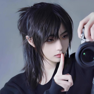 Men's Wig with Wolf Tail, Medium-Long Fluffy Mullet Hairstyle, Fashionable Trendy Samurai Style, Men's Short Full Wig