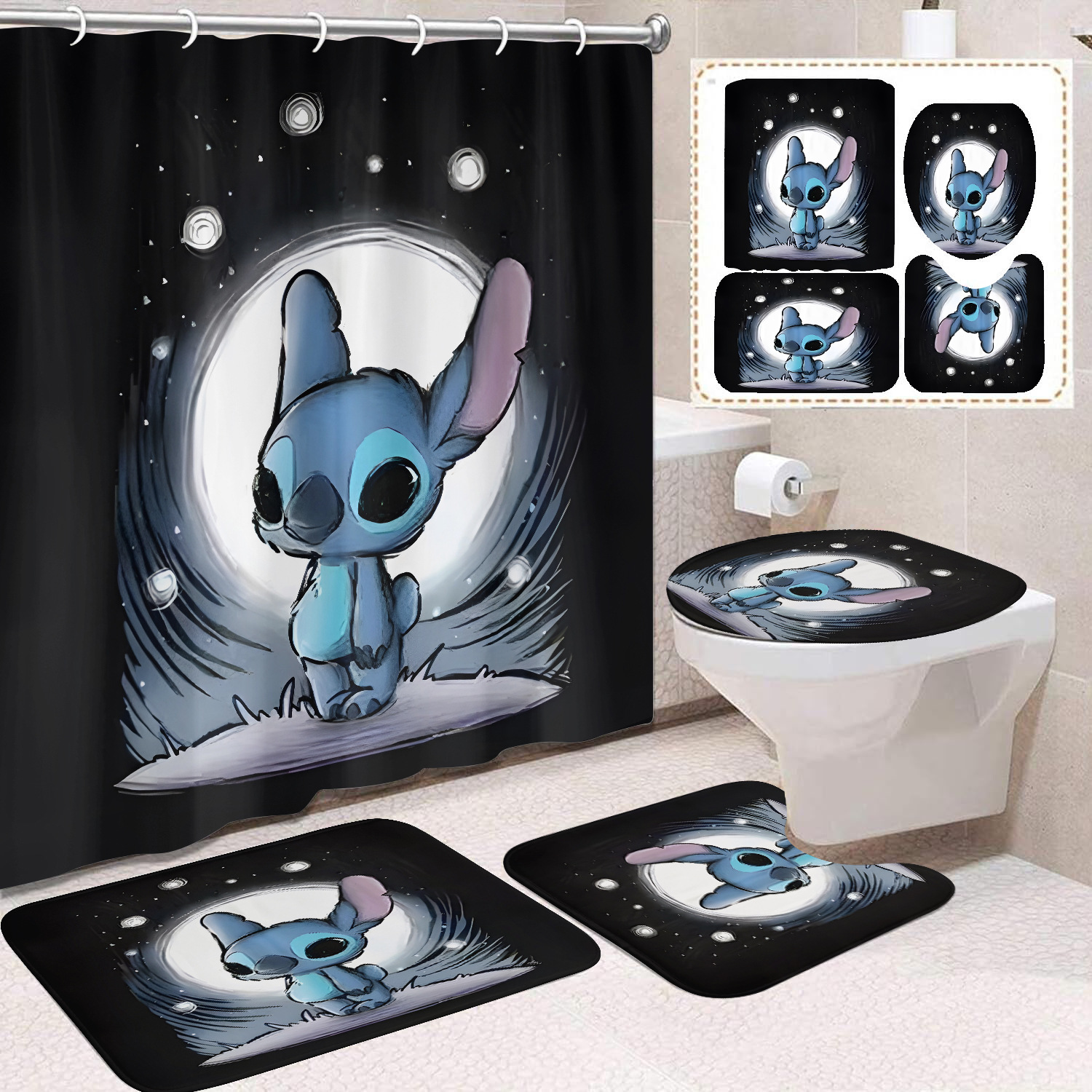 Venta directa de fábrica lindo baño de dibujos animados de cuatro piezas cortina de ducha impermeable cortina de ducha sin perforación cortina de partición de baño de baño