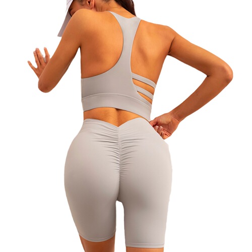 European and American new sports bra, wide shoulder straps, hollow back, sexy pleated fitness pants, yoga wear set, three pieces