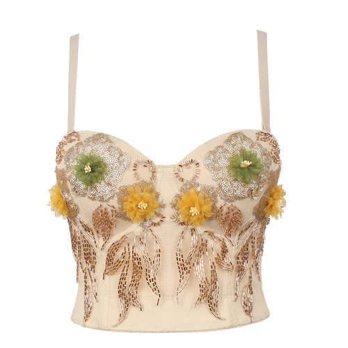 girl gold white jazz dance bra tops for women,appliques flowers tank top with lace bottom wrapped chest, corsets bra up vest for women fishbone bra outside