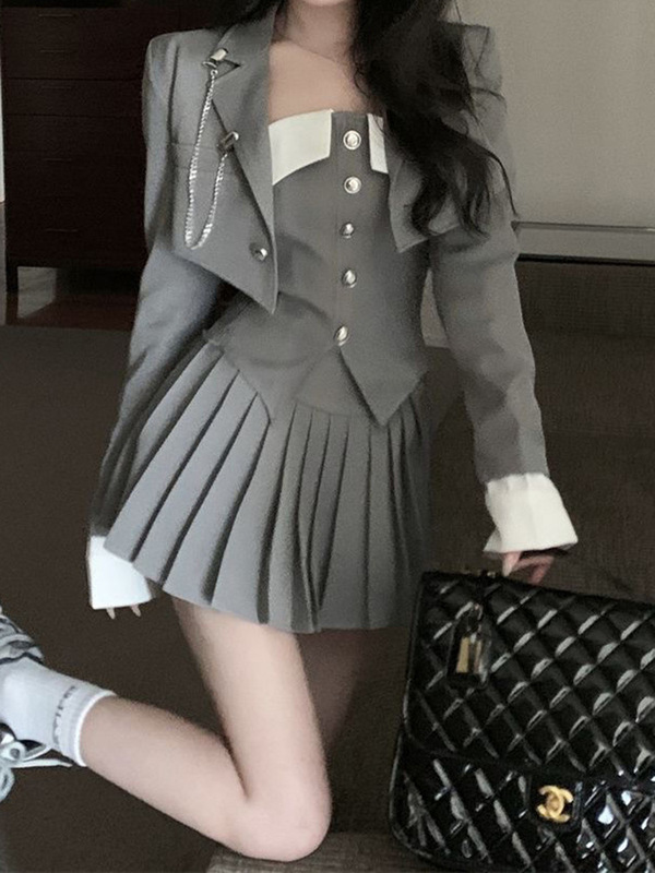 College Style jk Uniform Summer Set Women's Suit Jacket Sexy Strapless Vest High Waist Pleated Skirt Three-Piece Set