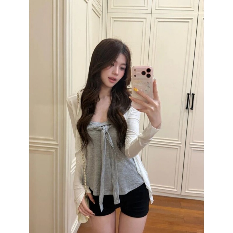 Xinwang [Official Image Guangzhou Ribbed Soft Cashmere 230g 1*1] Korean Style Ruffled Cardigan and Tube Top Two-Piece Set