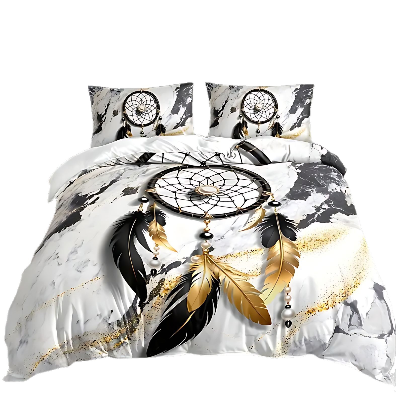 TEMU / JIT Moda clásica plumas de mármol HD impresión digital colcha de colcha de cama set