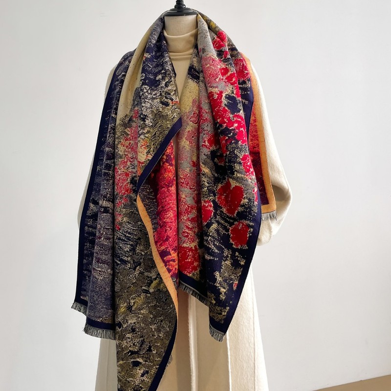 她信服饰跨境 仿羊绒印花油画外搭披肩流苏披肩秋冬季围巾|undefined