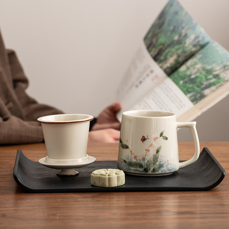 手描きセラミックパーソナルカップ茶水分離ティーカップ蓋フィルターオフィスマグギフト|undefined