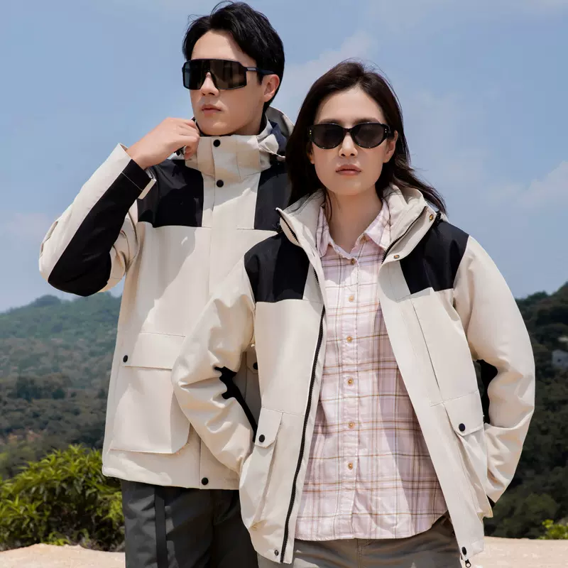 秋冬羽绒内胆三合一拼色冲锋衣男户外运动露营保暖登山服外套风衣