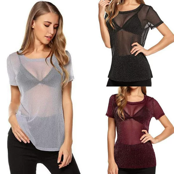 Good Quality European and American Style High-Elastic Silver Thread Mesh Short-Sleeve Top, Sexy Mesh See-Through Cover-Up Nightclub T-Shirt for Women
