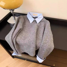 纤绒纱#假两件衬衫领毛衣女秋冬新款内搭慵懒风撞色翻领灰色上衣