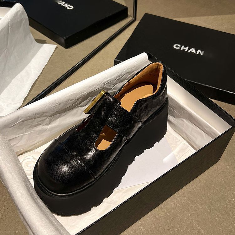 Giày da nữ mũi tròn miệng sâu đế xuồng cao gót dày khóa thắt lưng phong cách cổ điển — Màu nâu, Màu đen chi tiết 15