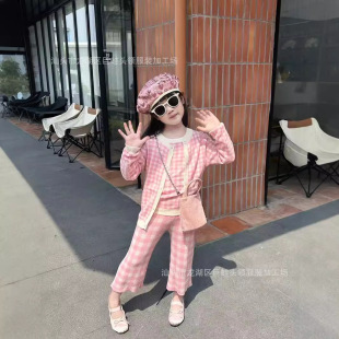 Girl's Summer Autumn Pure Cotton Vest Sling Pink Chock Pants Knitted suit Knitted Cardigan Jacket suit