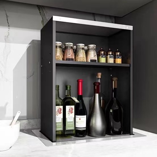 Inteligente gabinete de cocina mesa eléctrica arriba y abajo elevación condimento cesta Acero inoxidable condimento rack ascensor