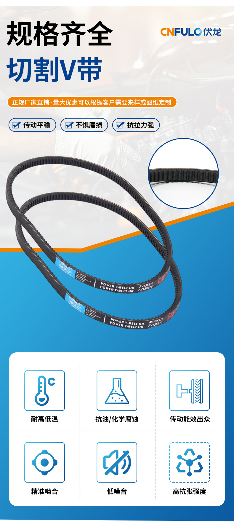 Manufacturer-customized, oil-resistant, and high-temperature-resistant V-belts for agricultural machinery, automotive engines, and transmission systems; V-belts