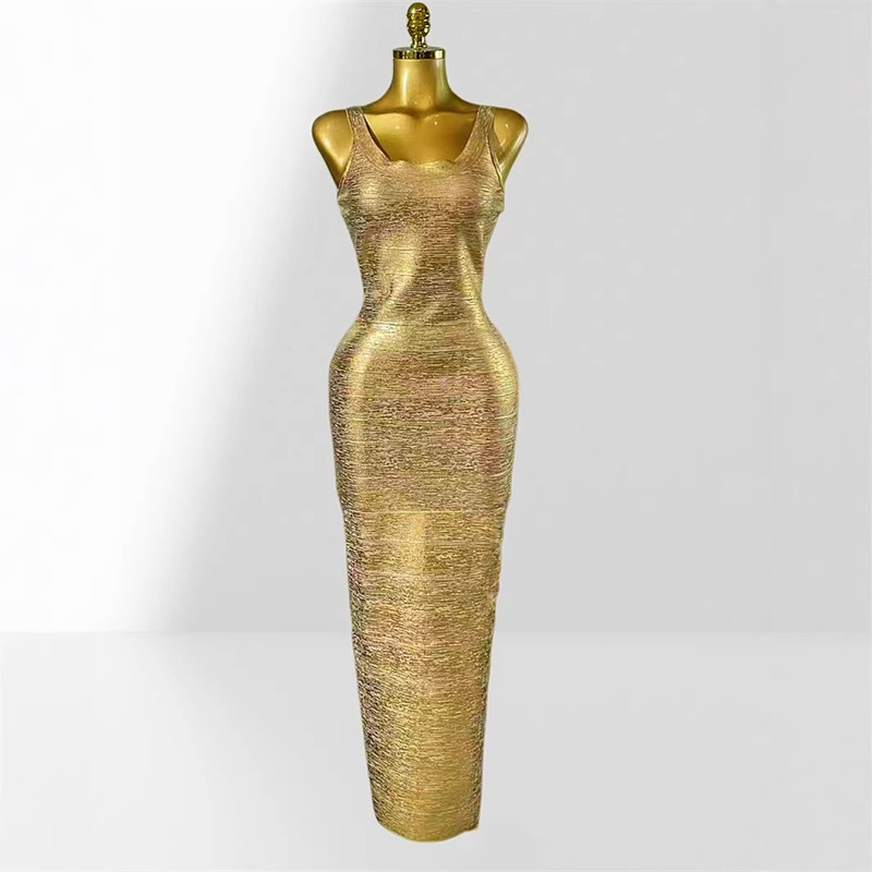 2026 Cross-Border Fashion Gold-Stamped Low-Cut Sleeveless Bodycon Long Dress European and American Fashion Party Evening Gown
