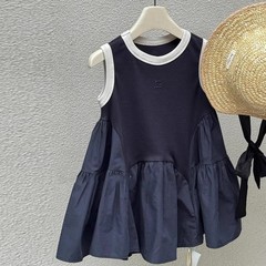 Korean Children's Summer Dress 2024 New Girl's Casual Splicing T-shirt Dress with Contrast Color Backless Top
