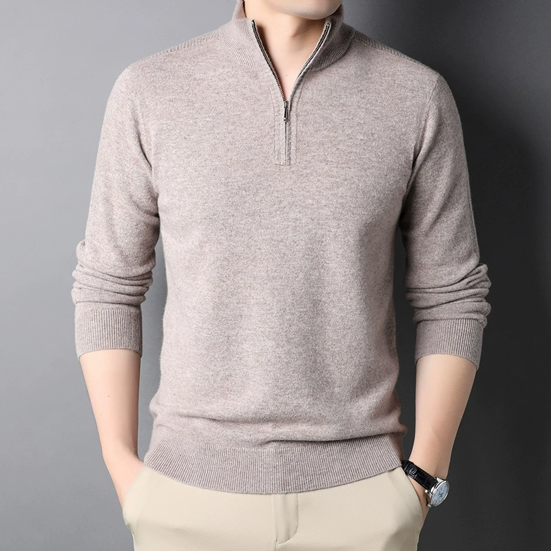 Colored woolen men's demi-season keep warm knitted sweater with zipper, 2021 collection, slim fit