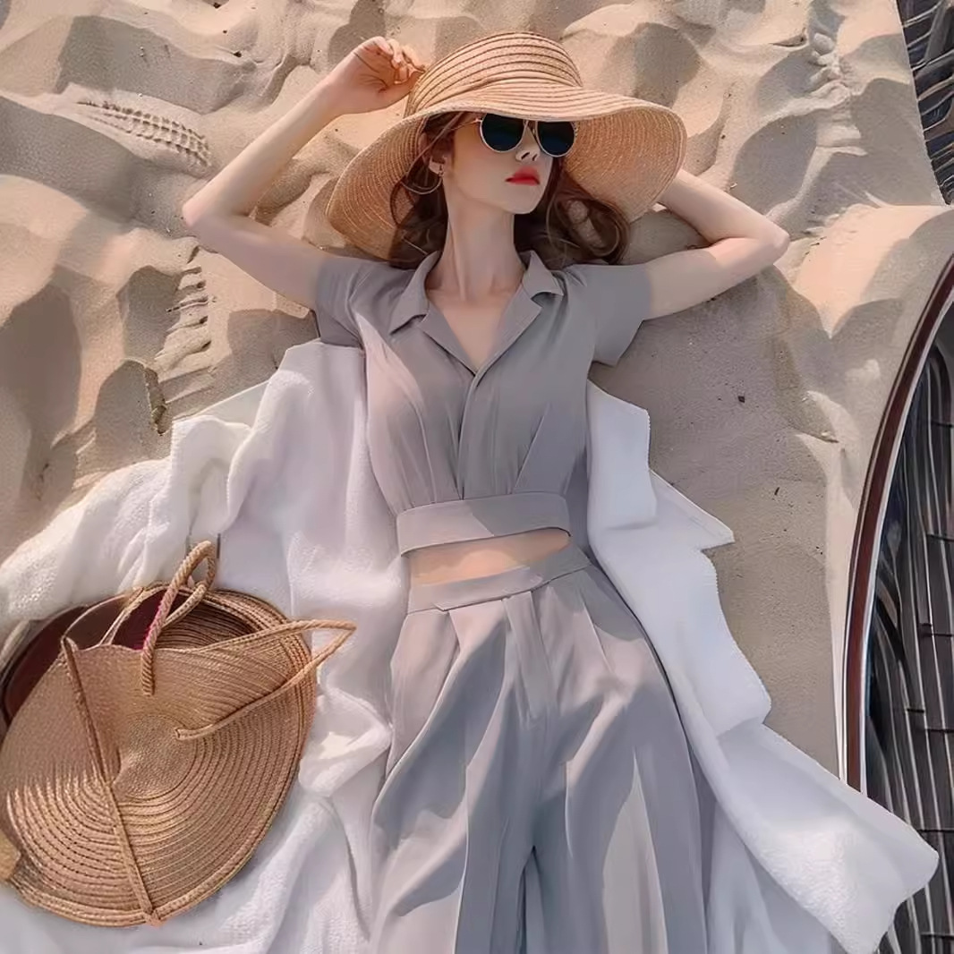 Bộ áo sơ mi nữ tay dài màu xám phối quần ống rộng thanh lịch — màu xám, đỉnh đơn