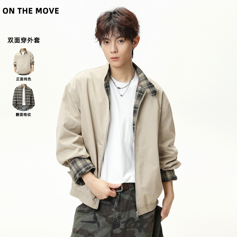 Retro Plaid Reversible Harrington Jacket Autum Style High Street American Trendy Brand Loose Workwear Casual Jacket Q