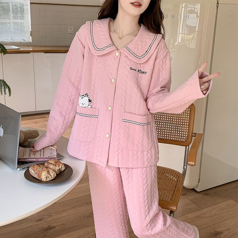 秋と冬の女性用パジャマ、暖かく厚みのある中間層エアコットン長袖ズボン、人形の襟、純綿の甘いホームウェアセット|undefined
